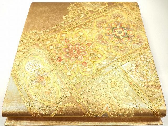 平和屋1■六通太鼓柄袋帯　駒刺繍　正倉院花唐草文　金糸　引箔　逸品　未使用　CAAG2638eg
