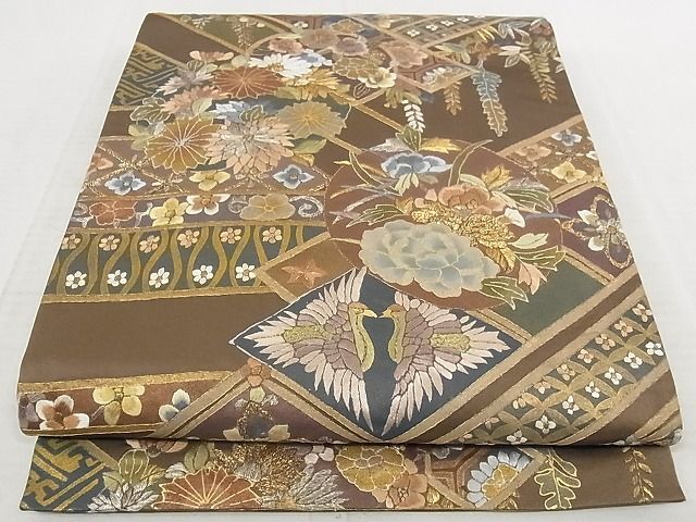 平和屋-こころ店■極上　六通柄袋帯　刺繍　吉祥双鳥花文　金銀糸　金銀彩　正絹　逸品　AAAJ3452Aaz