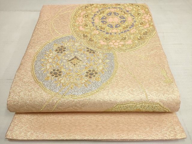 平和屋-こころ店■太鼓柄袋帯　プラチナ箔　明綴　蔓帯雪輪花文　金銀糸　正絹　逸品　AAAK1468Awj
