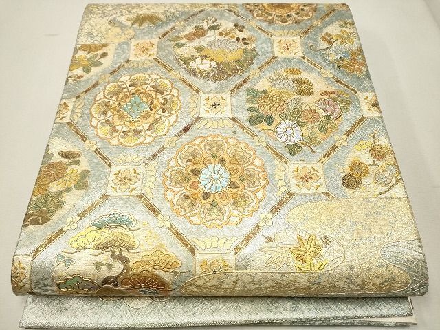 平和屋1■袋帯　螺鈿　天井流水草花文　金銀彩　逸品　CAAI8863hy