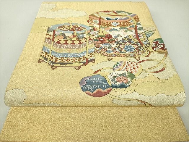 平和屋2■明綴れ　太鼓柄袋帯　貝桶花文　金銀糸　逸品　DAAH5695ps