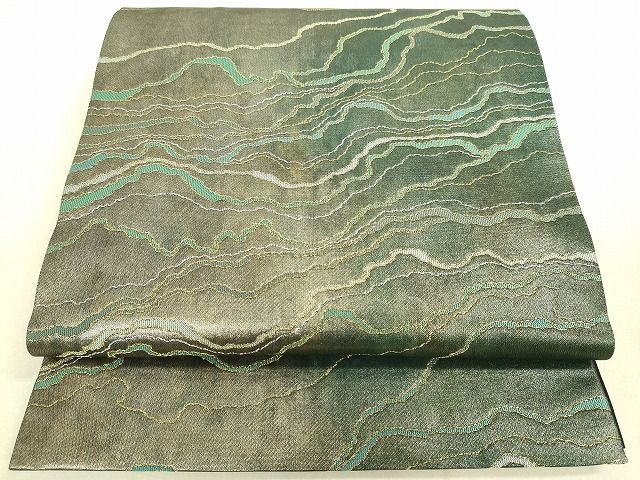 平和屋2■六通柄袋帯　麹塵染　渡路文　金糸　引箔　逸品　DAAH1919du