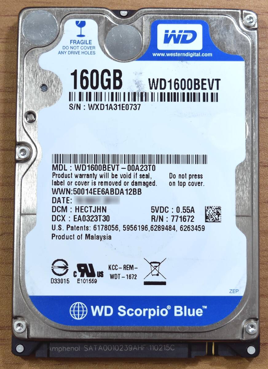 WESTERN DIGITAL WD1600BEVT [160GB 2.5インチ 9.5mm SATA HDD 2009年制 使用時間 8375H (Cristal DiscInfo 正常) (管:KH269
