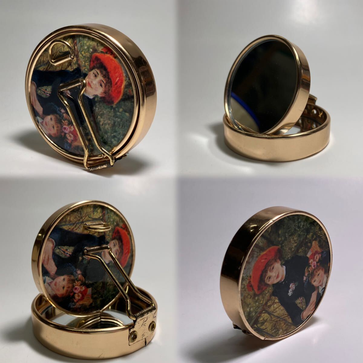 アンティーク◆ルノワール テラスにて 二人の姉妹 ハンドミラー ポケット コンパクト 手鏡 拡大鏡付き