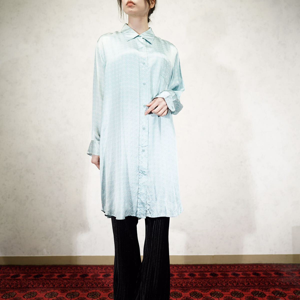 USA VINTAGE WINTER SILKS PATTERNED DESIGN SILK GRANDPA SHIRT/アメリカ古着柄デザインシルクグランパシャツ(ワンピース)