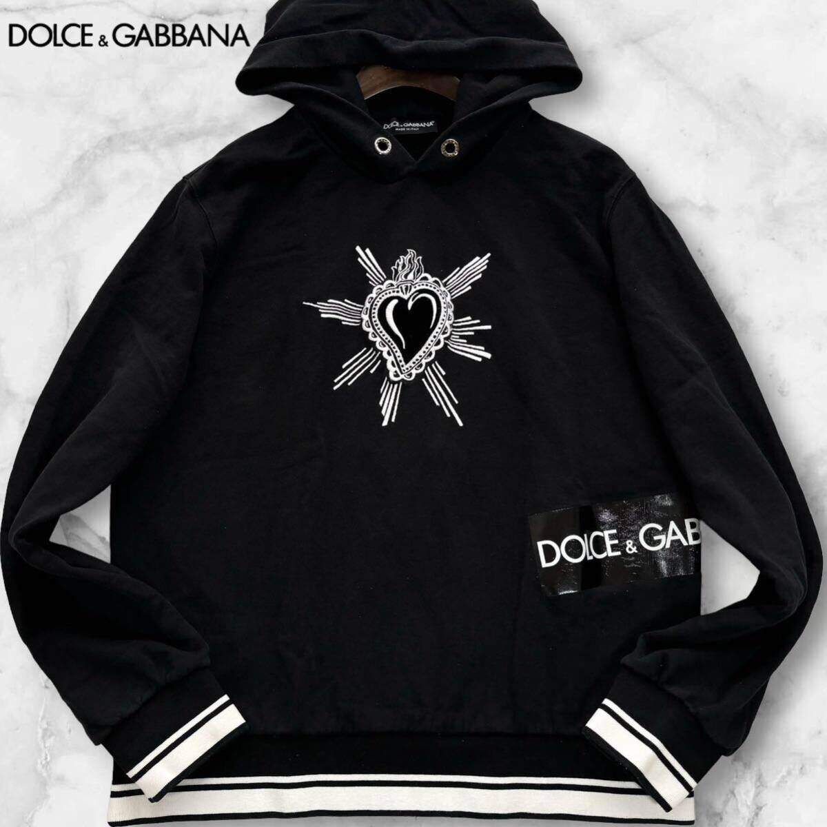 Dolce & Gabbana フラワー刺繍 パーカー ブラック 極美品/3L相当◎ドルチェ&ガッバーナ ハート刺繍 ロゴテープ