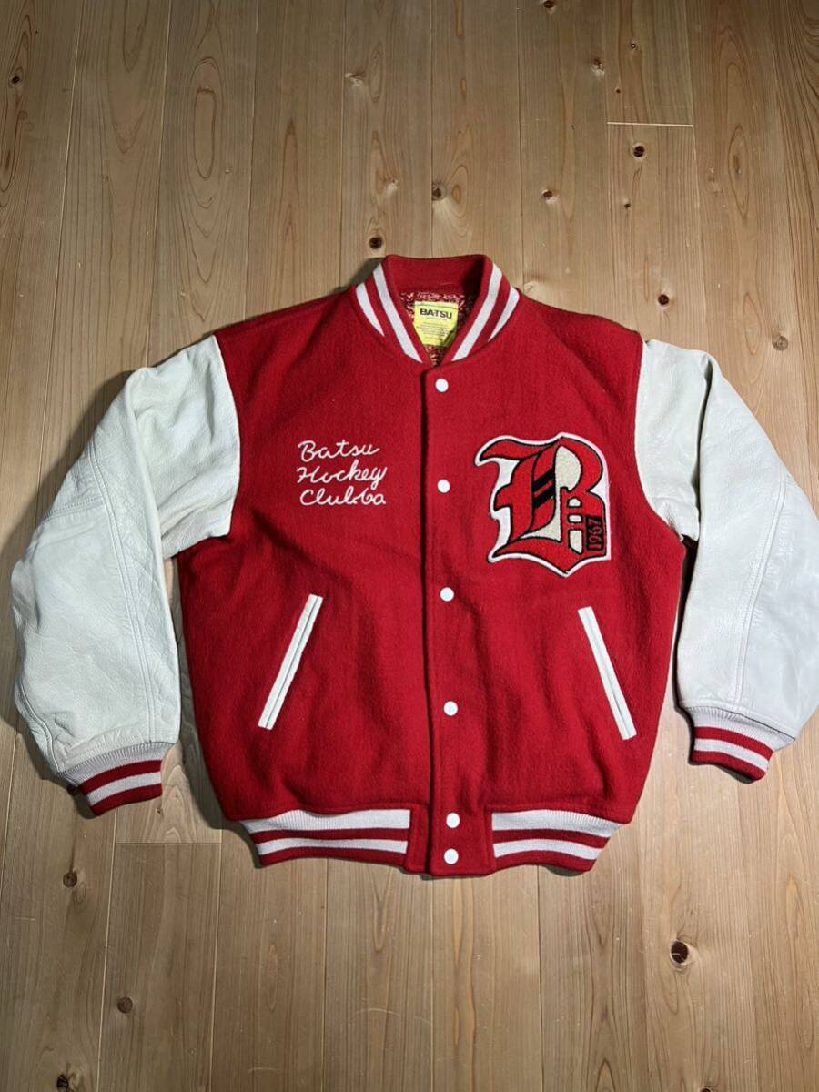 BATSUパツ東京刺繍スタジャンジャンパー　袖レザー アウター 赤系ブルゾン サイズXL