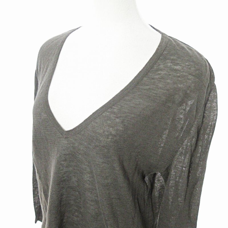  Long Champ LONGCHAMP summer knitted long sleeve linen cotton V neck XL gray 0910 lady's 