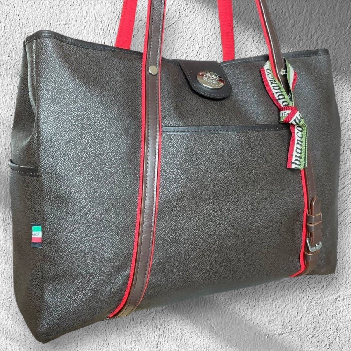 【ほぼ美品/大容量 /コラボ品】Orobianco オロビアンコ メンズ トートバッグ 肩掛け ビジネス イタリア製 ベルト レザー 革 ブラウン 焦茶