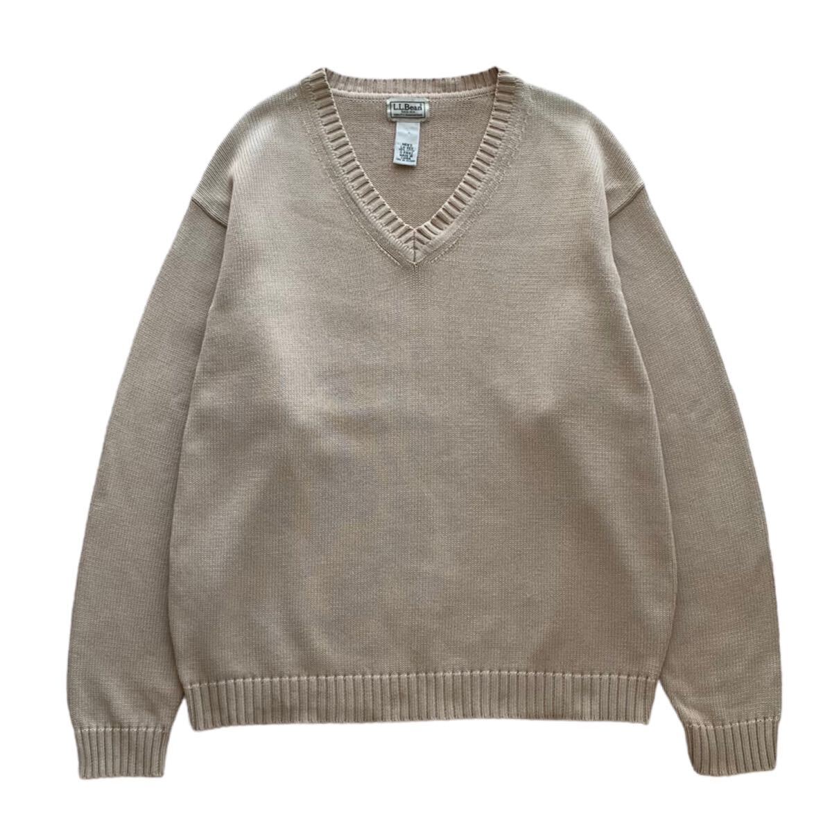 00's L.L.Bean Vネック コットンニット L ベージュ ビンテージ オールド エルエルビーン