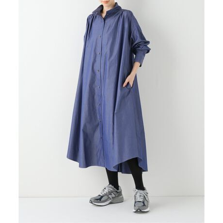22AW IENAイエナ ポプリンギャザーシャツワンピース◆ロング丈デニム調長袖 ジャーナルアローズトゥモローplageスピック ネイビー系