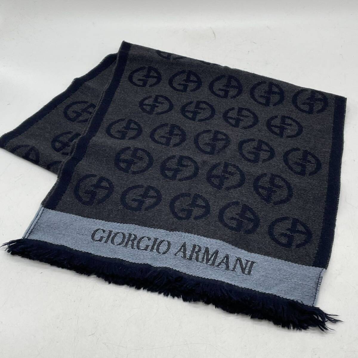 KO2047□GIORGIO ARMANI ジョルジオ アルマーニ マフラー ストール ブラック系 ロゴ 総柄 143×35