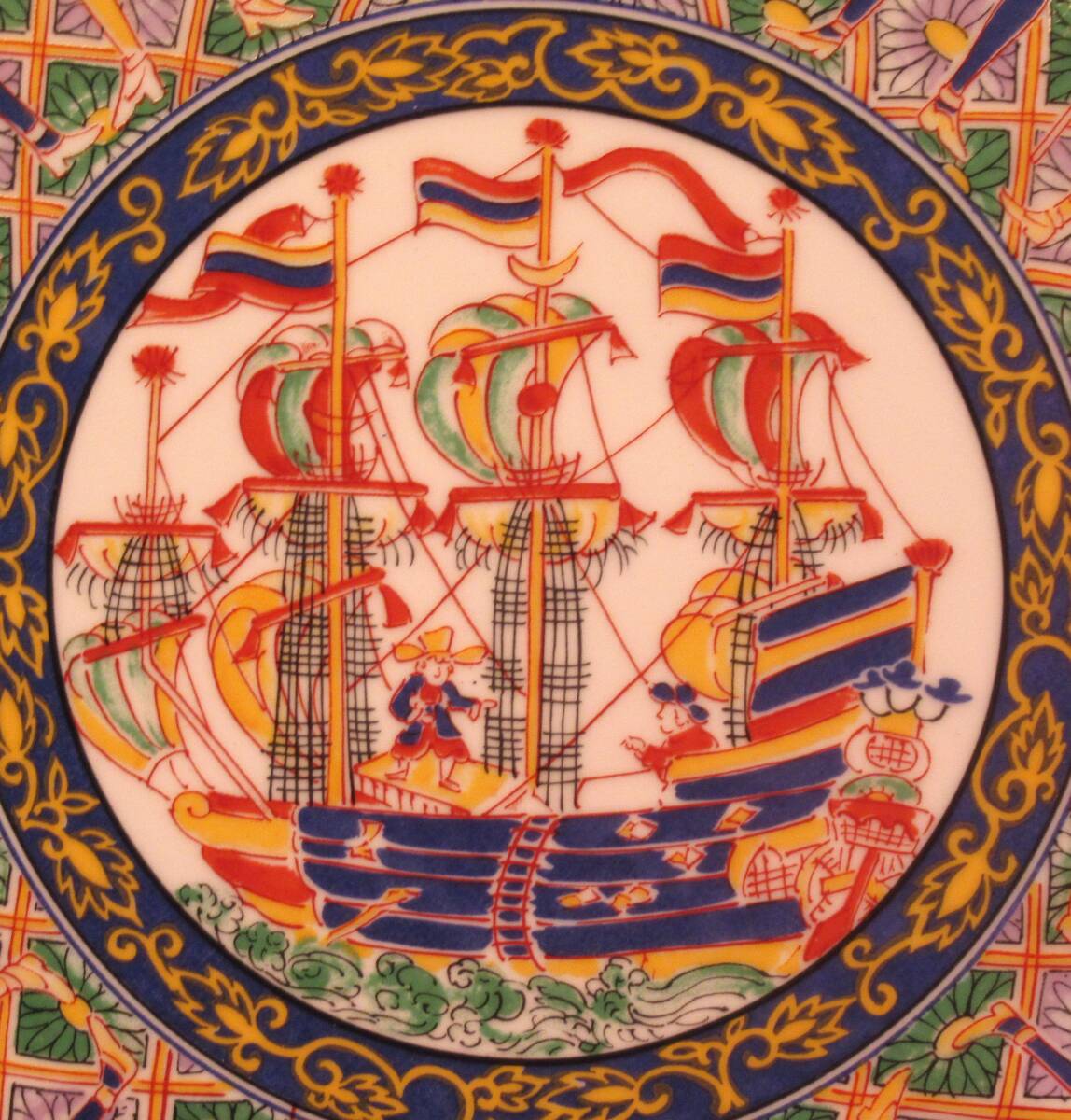 古伊万里写色絵金襴手南蛮船南蛮人図大皿 在銘　陶扇31cm 5枚 古伊万里写色絵金襴手南蛮船南蛮人図大皿在銘「陶扇」31cm