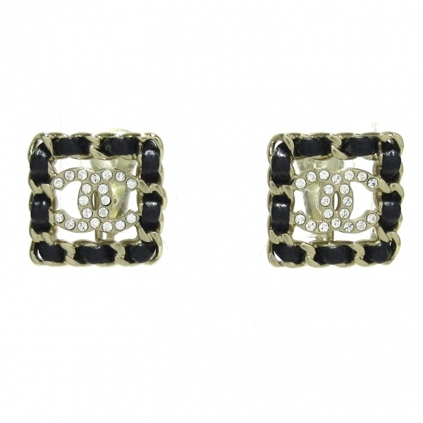 シャネル CHANEL イヤリング ココマーク レザー ゴールド×黒×クリア スクエア/ラインストーン/チェーン B20B 美品 アクセサリー（耳）