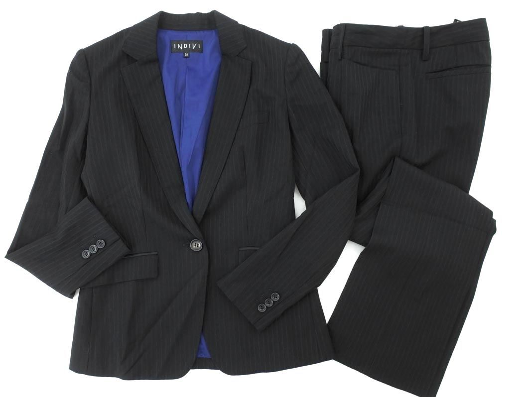 INDIVI インディヴィ ウール混 ストライプ セットアップ ジャケット パンツ スーツ size38/黒 ◇■ ☆ eic6 レディース