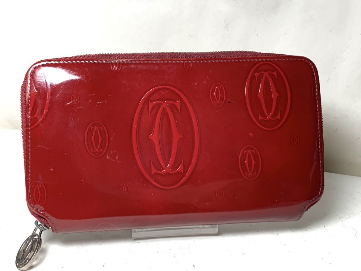 1405 1円 ■美品■ Cartier カルティエ ハッピーバースデー パテントレザー ラウンドファスナー 長財布 ウォレット 小銭入れ ボルドー系