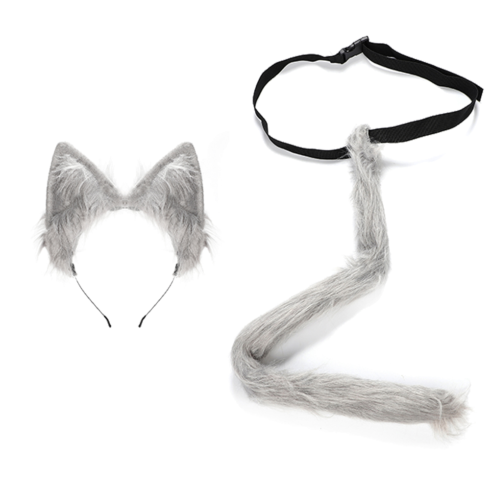 コスプレ ハロウィン 猫耳 しっぽ 尻尾 キツネ 狐 アニマル カチューシャ ヘアバンド 髪飾り アクセサリー 仮装 変装 パーティ (グレー)