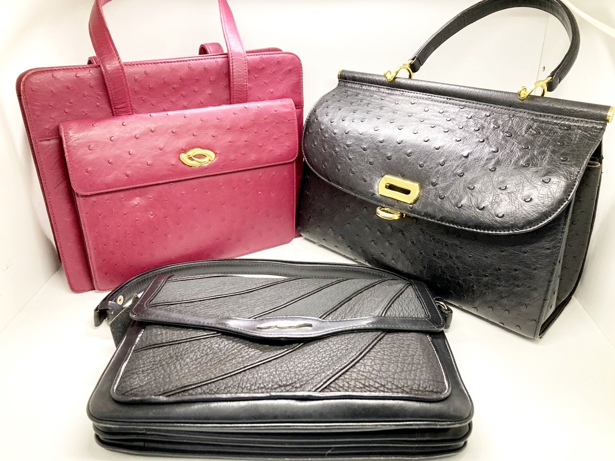 ◆◆【ハンドバッグ】 3点セット　オーストリッチ シャーク　ハンドバッグ レディース ブラック　レッド　ジャンク oi ◆◆