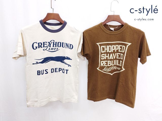 A434a [セット] BOOTLEGGERS FREEWHEELERS Tシャツ GREYHOUND Lines クリーム系 CHOPPED SHAVED REBUILD ブラウン | トップス N