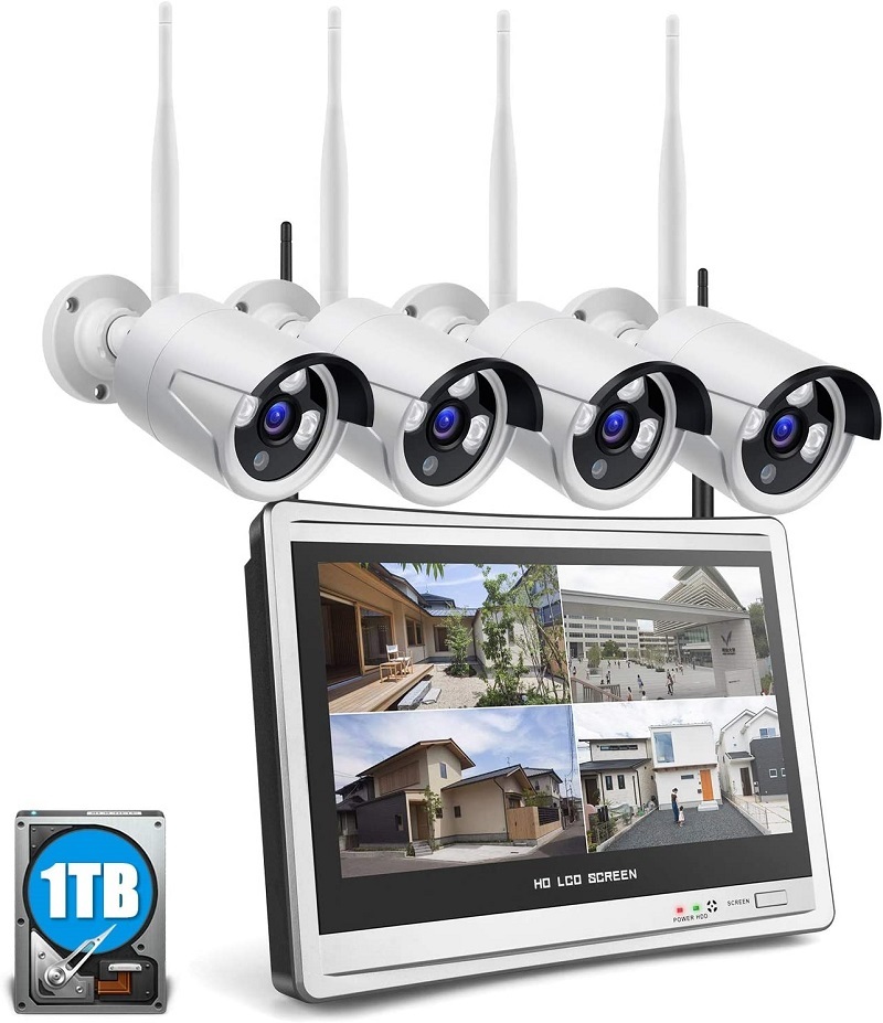 【在庫処分】 防犯カメラ 屋外 wifi ワイヤレス 家庭用 300万画素 4台 12インチ液晶モニター付 カメラ8台まで増設可能 1TB HDD内蔵
