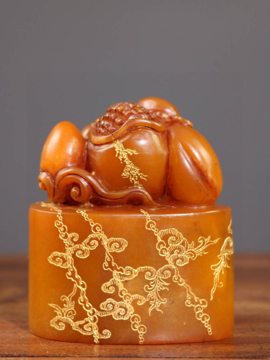 館蔵珍品 寿山石 田黄石 細密彫 福寿雙全印章』置物 賞物 貴重 館蔵珍品 寿山石 田黄石 細密彫 福寿雙全印章』置物 賞物 貴重