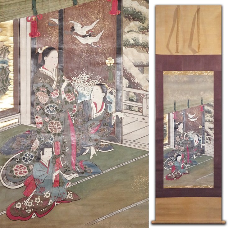 掛け軸 美人画 浮世絵 年中掛け 古画 花◇江戸時代中期・宝暦年間 紙本著色 美人画『貴人庭前
