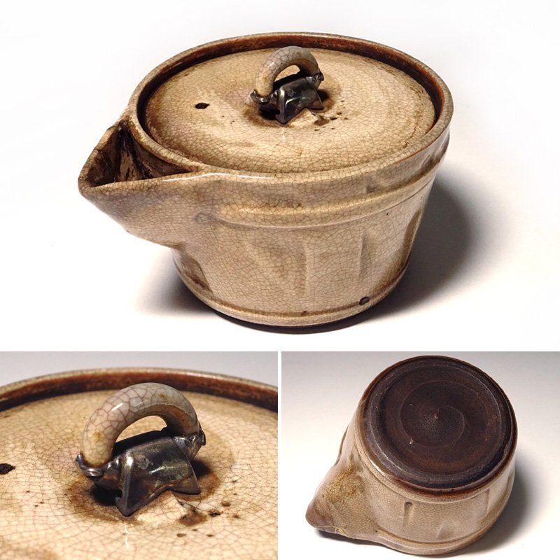 花◆江戸時代後期 萩焼 宝瓶(急須) 洒落た銀金具摘み 煎茶器