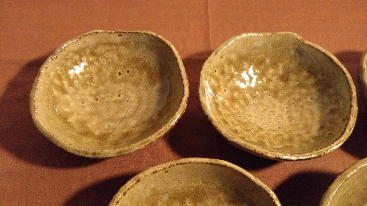 古越前　越前焼　豆鉢　足つき鉢　菓子皿　黃釉　蔵出し　５客