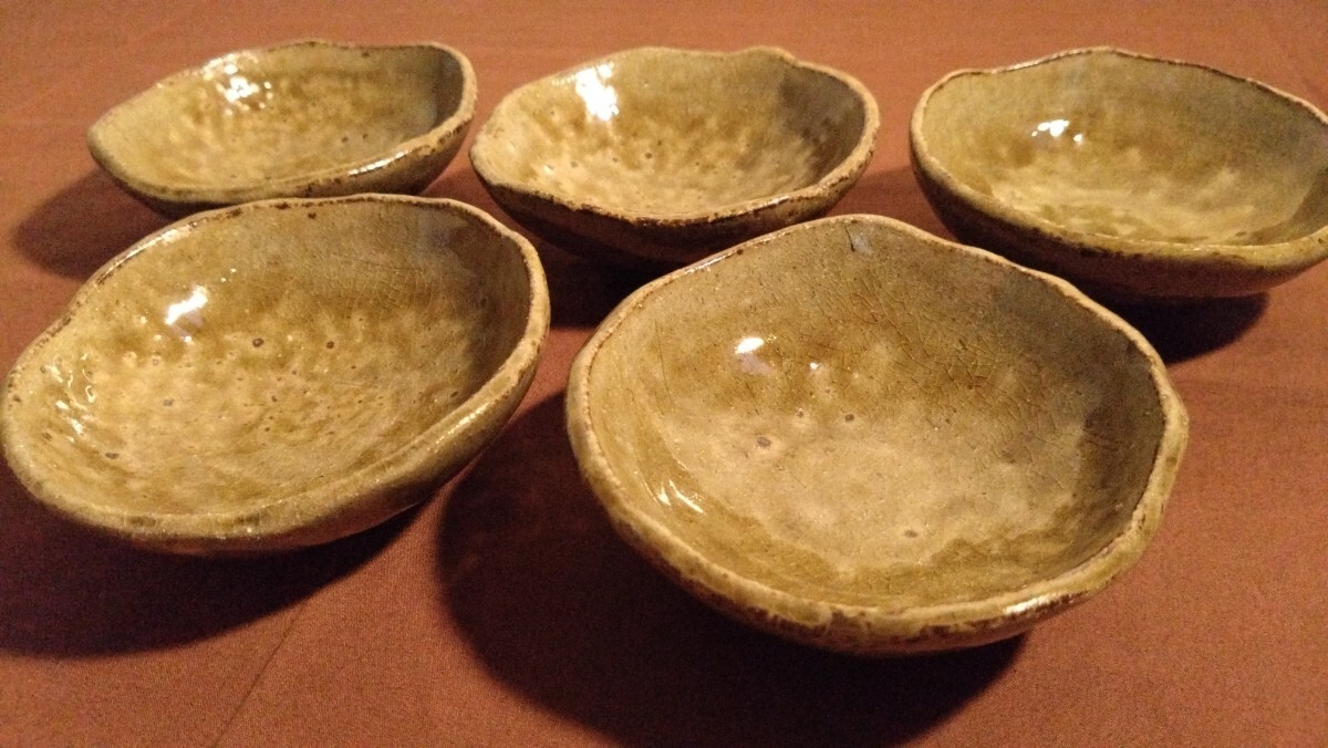 古越前　越前焼　豆鉢　足つき鉢　菓子皿　黃釉　蔵出し?。悼? bimg=