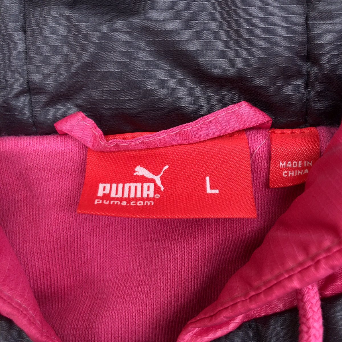 ●PUMA プーマ ロゴ刺繍 中綿 ウインドブレーカー フーディ ジャケット L ピンク ナイロン パーカー ジャージ トレーニング 防寒 女性用