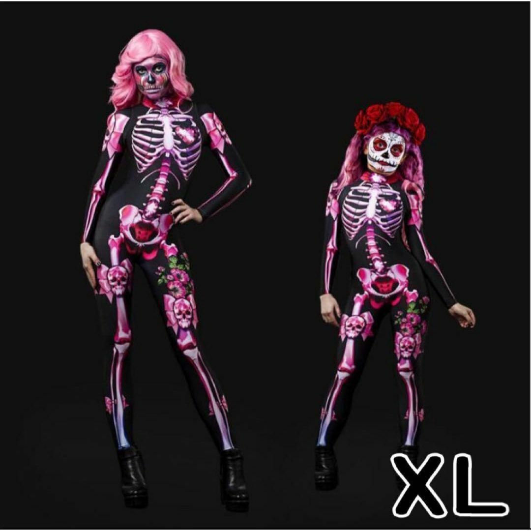 ハロウィン コスプレ 大人 全身タイツ 骸骨ｘリボン コスチューム XL