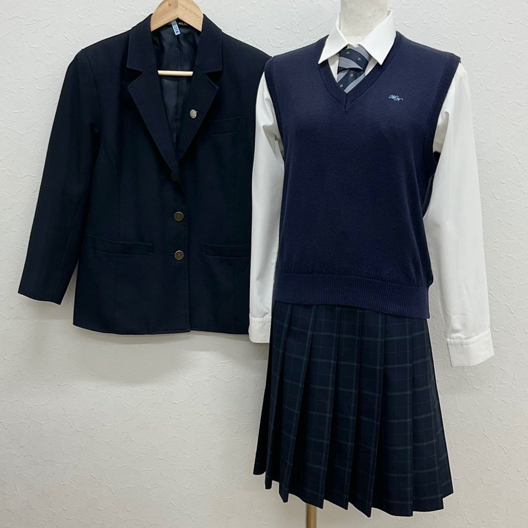 U1060/S1385(中古)東京都 瑞穂農芸高校 5点 /校章付/ブレザー:2/ニットベスト,ブラウス:M/スカート:W66/ネクタイ/濃紺/冬服/学生服/卒業生