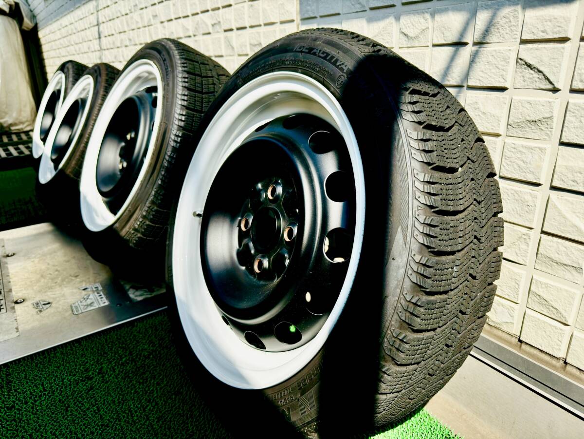 【最終値下げ】デミオ純正 14インチ 6J ＋45 100 4穴 マットブラック ホワイト塗装 スタッドレス AW-1 155/55R14 ひっぱりタイヤ バリ溝