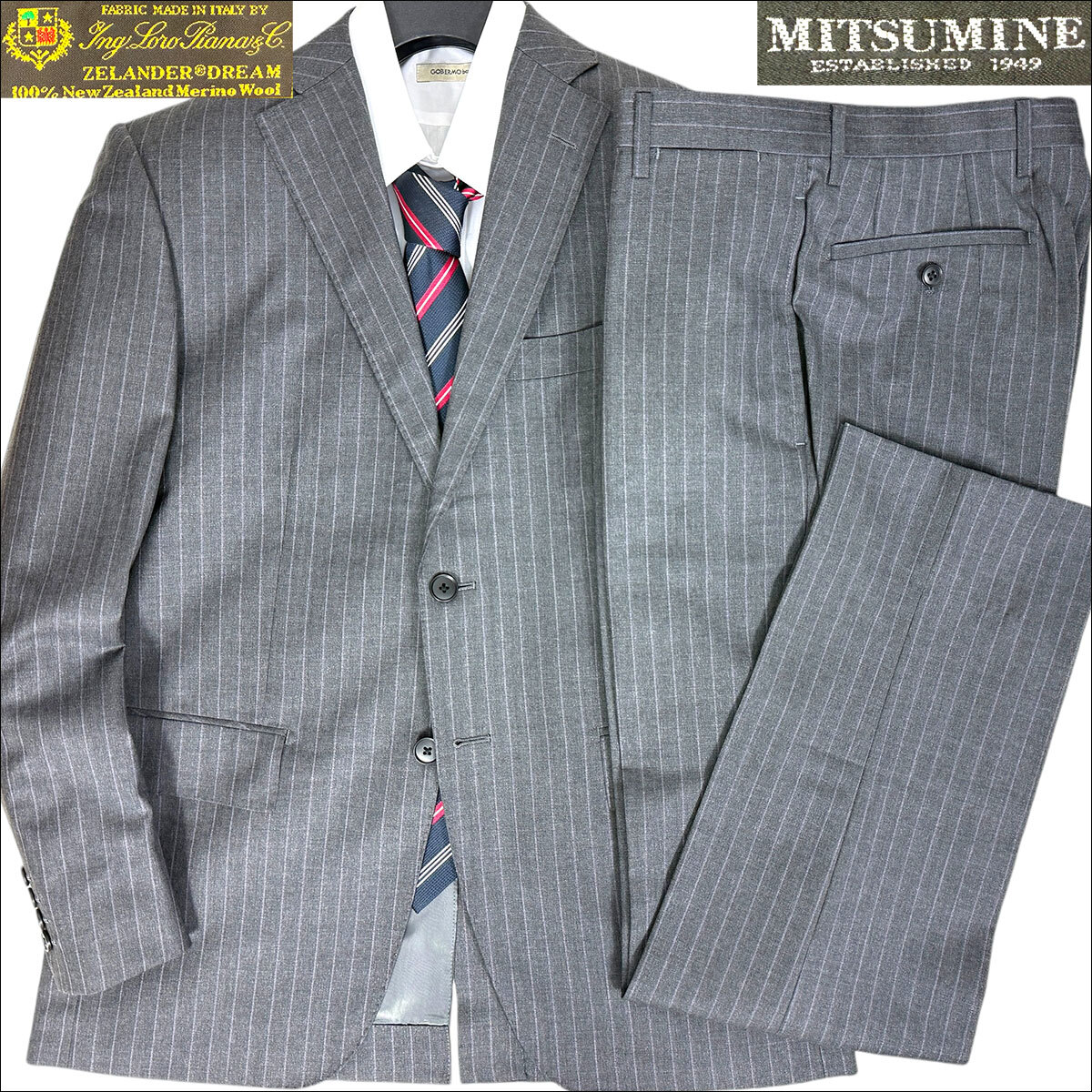 J5053 超美品 ミツミネ ロロピアーナ生地 ストライプスーツ チャコールグレー A5 MITSUMINE Loro Piana