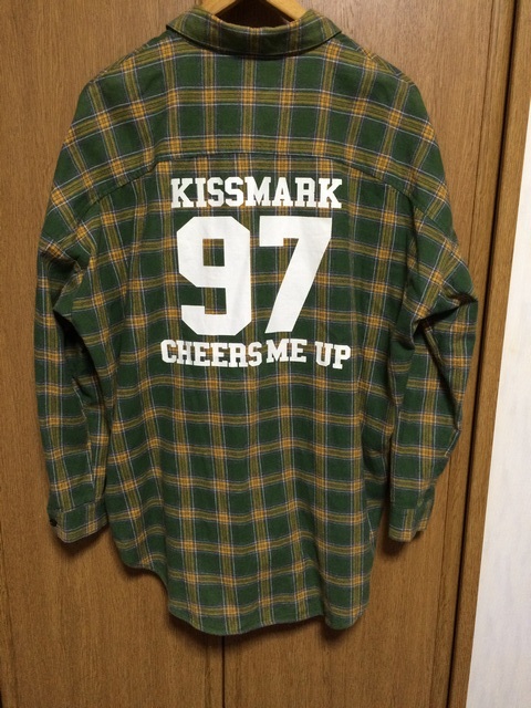 美品 KISSMARK キスマーク スタンダードカラーネルシャツ レディースサイズL 緑色ベースに白色、オレンジ色のチェック バックプリント_画像1