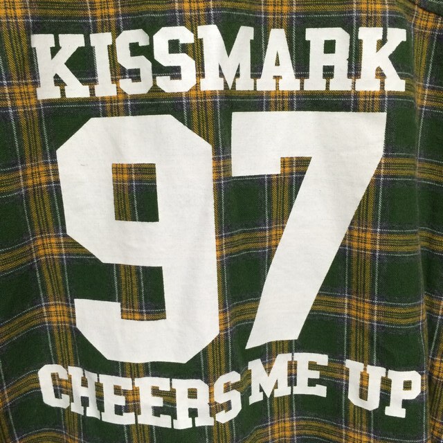 美品 KISSMARK キスマーク スタンダードカラーネルシャツ レディースサイズL 緑色ベースに白色、オレンジ色のチェック バックプリント_画像2