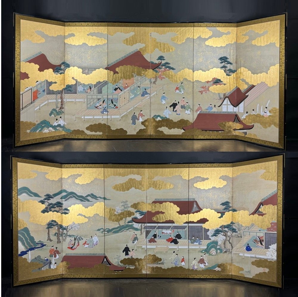 屏風屋 金台肉筆 前田呉耕 筆 春秋 大和絵 屏風 高さ 約171.5cm 屏風屋 金台肉筆 前田呉耕 筆 春秋 大和絵 屏風 高さ 約171.5cm