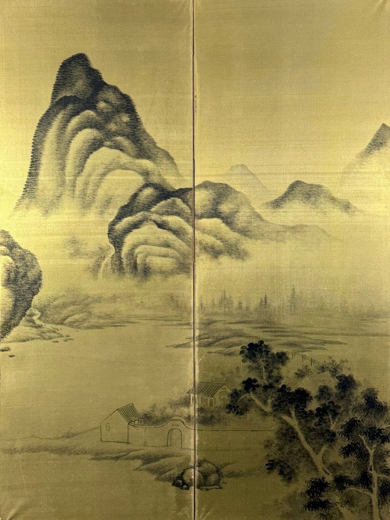 大型屏風 幅約180×高さ約90cm 彩色山水 落成款識入り 落款入り 大型屏風 幅約180×高さ約90cm 彩色山水 落成款識入り 落款入り