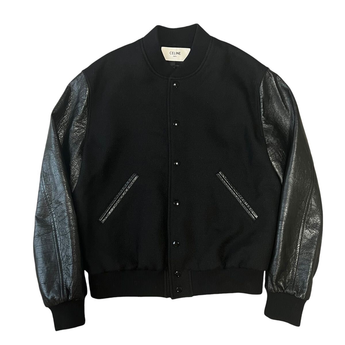 CELINE HEDI SLIMANE 2021AW TEDDY BLACK LEATHER SLEEVE MELTON CELINE HEDI SLIMANE 2021AW TEDDY BLACK LEATHER SLEEVE MELTON