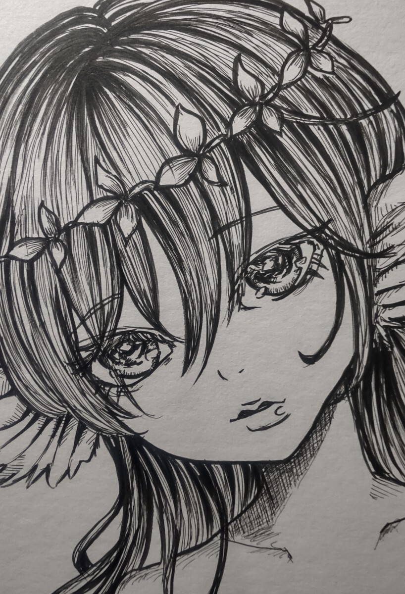 手描きイラスト オリジナル 中色紙 ペン画 モノクロ 少女 畏怖 手描きイラスト オリジナル 中色紙 ペン画 モノクロ 少女 畏怖