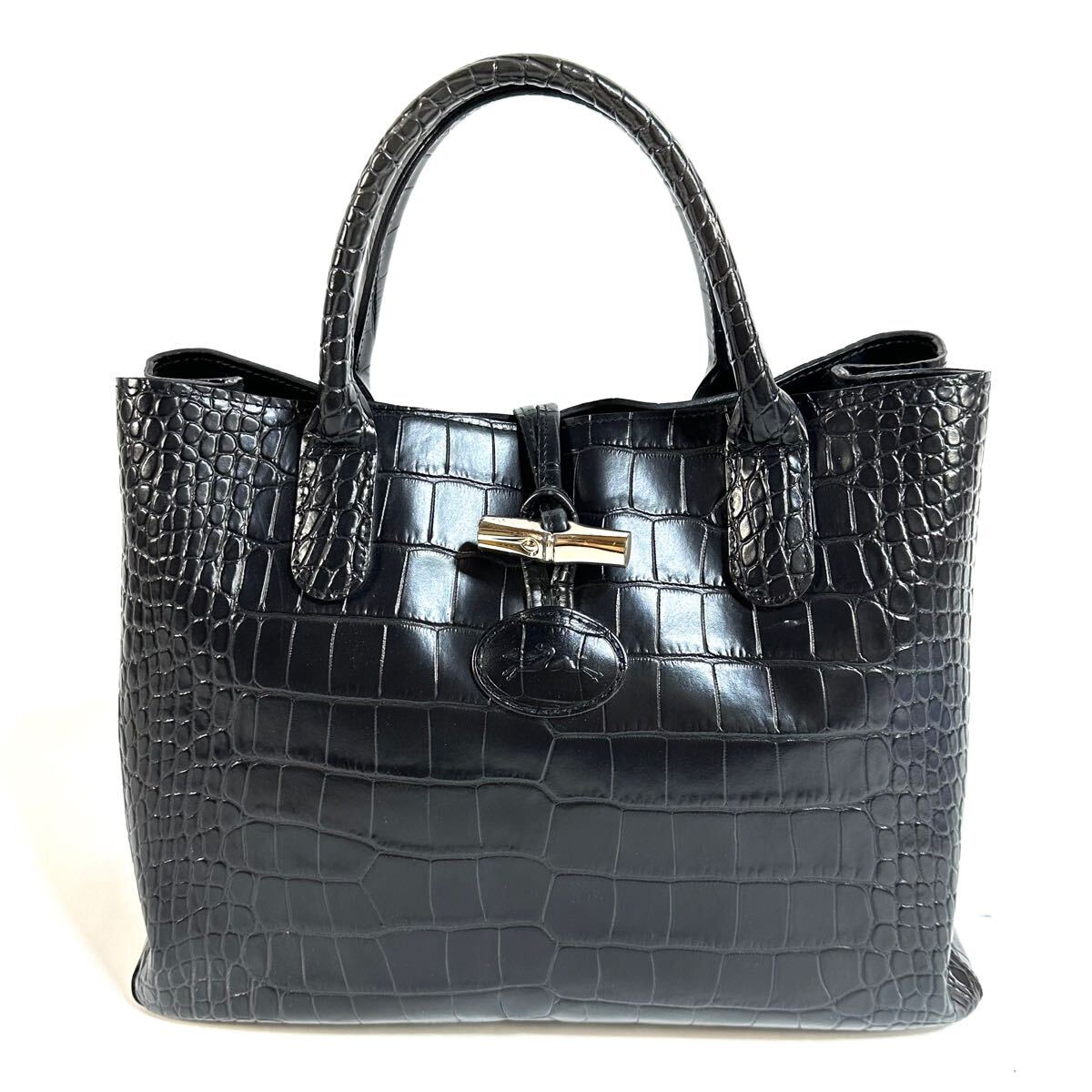 美品】LONGCHAMP ロンシャン ロゾ クロコ 型押し トートバッグ 美品】LONGCHAMP ロンシャン ロゾ クロコ 型押し トートバッグ