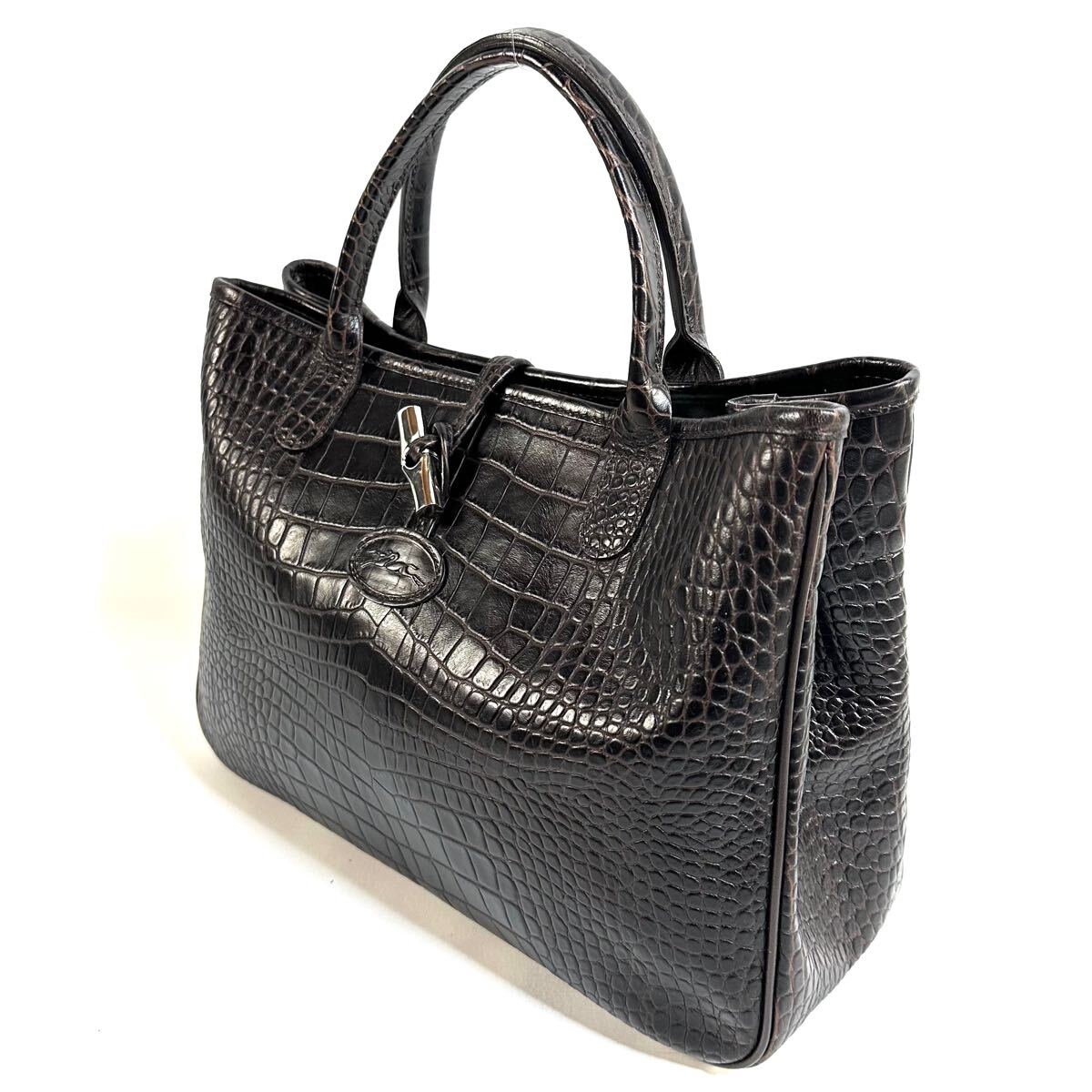 美品】LONGCHAMP ロンシャン ロゾ クロコ 型押し トートバッグ 美品】LONGCHAMP ロンシャン ロゾ クロコ 型押し トートバッグ
