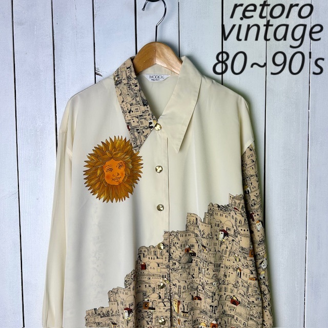 sh●794 レトロ古着 80s～90s 東京ブラウス 太陽・街並み柄シフォンブラウス シャツ XL ベージュ 薄手 オールド ヴィンテージ 日本製 長袖