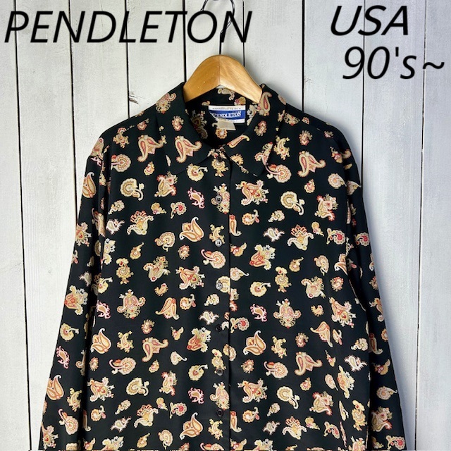 sh●803 USA古着 90s～ PENDLETON レトロ総柄ブラウス シャツ 8 黒 オールド ヴィンテージ アメリカ古着 長袖 ペンドルトン M～L ポリ