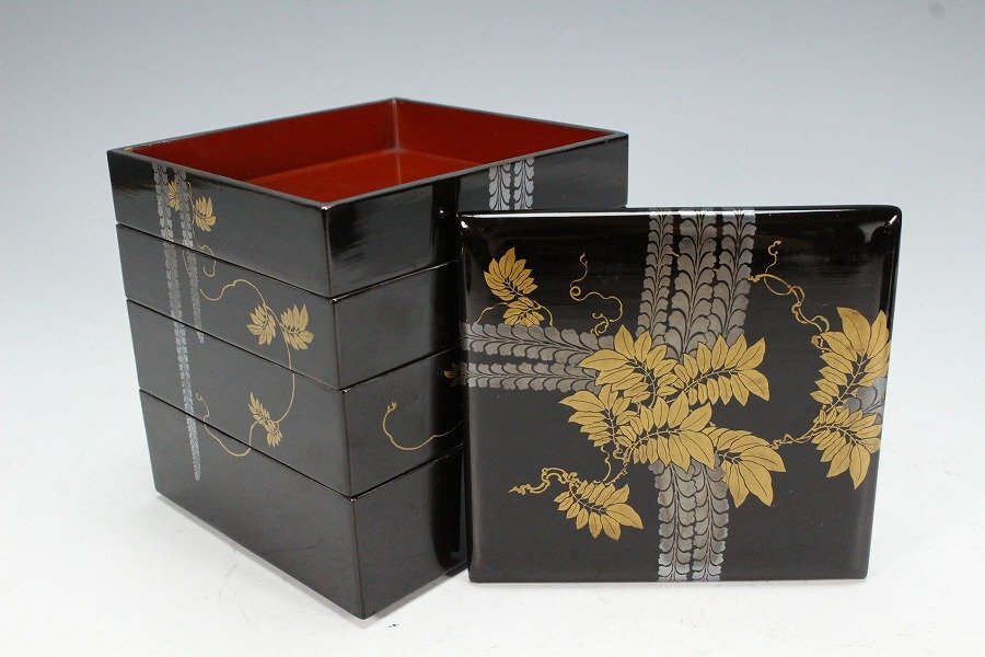 【ふるさと割】 金閣】藤蒔絵 野弁当 花見重 旧家蔵出(AZ883) 重箱