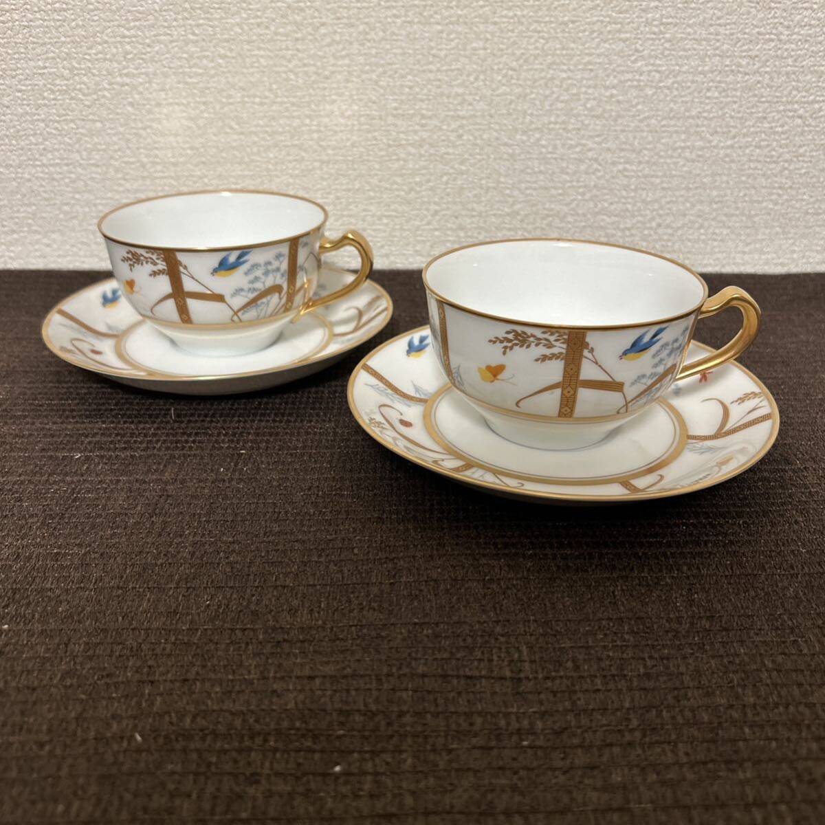 大倉陶園　鳥　稲穂　金彩金蝕　ティー　カップ&ソーサー　ペア