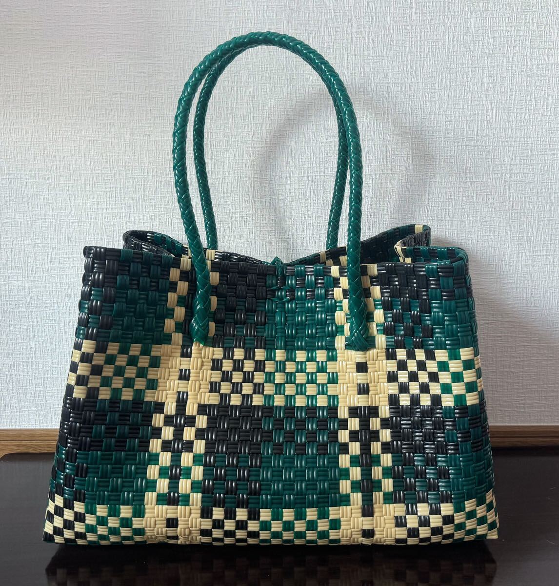 プラカゴ メルカド 大容量 トートバッグ ハンドメイド かごバッグ 軽量 XLサイズ　深緑