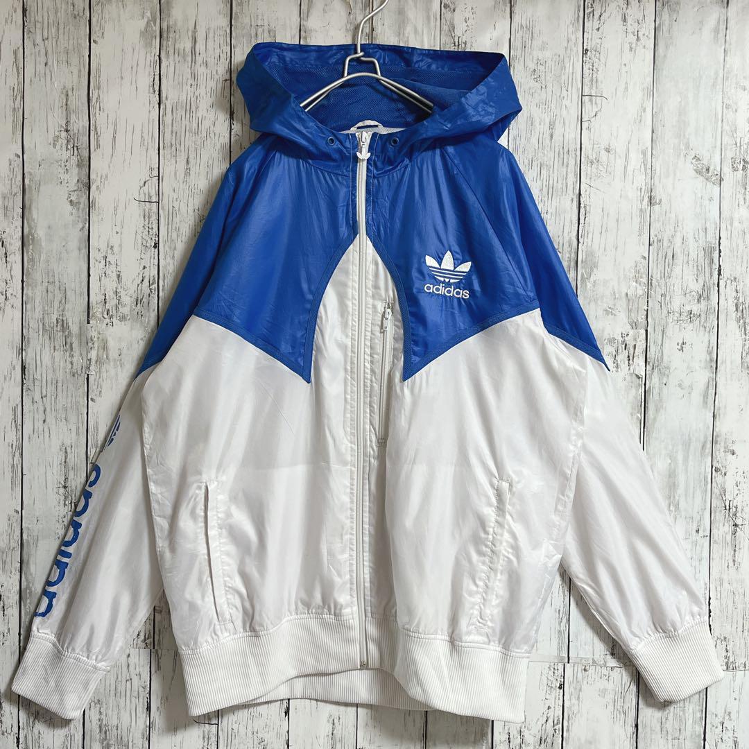 adidas アディダス ナイロンジャケット L 白青 ワンポイント adidas アディダス ナイロンジャケット L 白青 ワンポイント