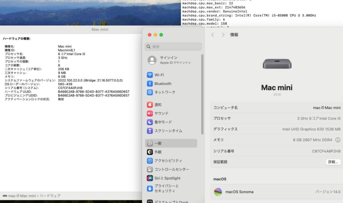 中古美品 Apple Mac Mini A1993 Late-2018 macOS 14 sonoma(正規Win11追加可) 八世代 i5-8500B 8GB NVMe 512GB-SSD 無線 中古 管:1622h