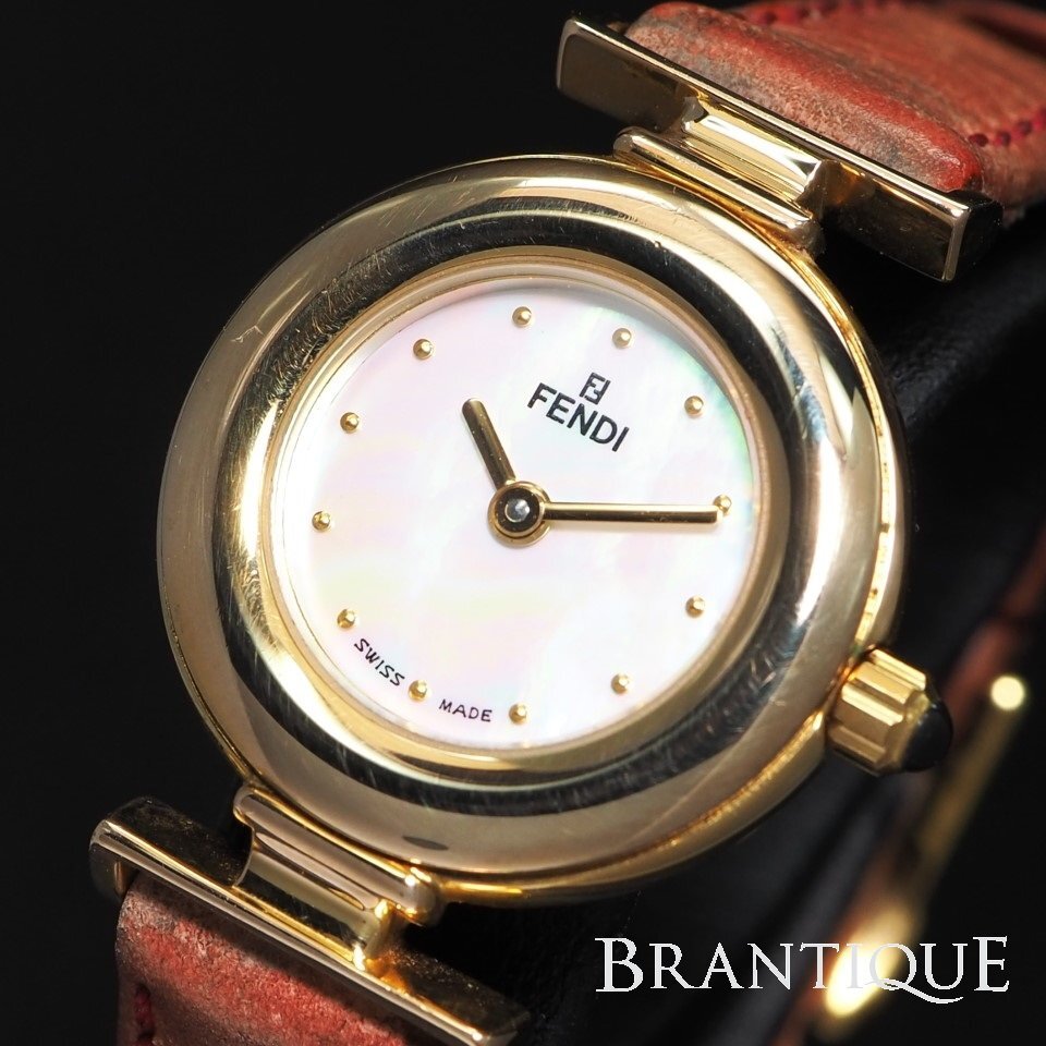 ■1円～■ 【電池交換済み】 FENDI フェンディ GP/革 QZ 320L シェル文字盤 USED 稼働 純正ベルト尾錠 レディース 腕時計 「25015」